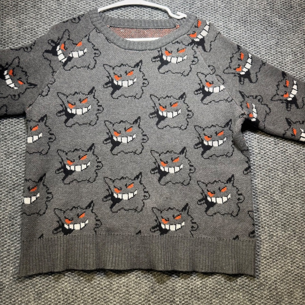 Gengar All Over Print Knit Sweater Gray Crewneck One Size Pokemon Anime